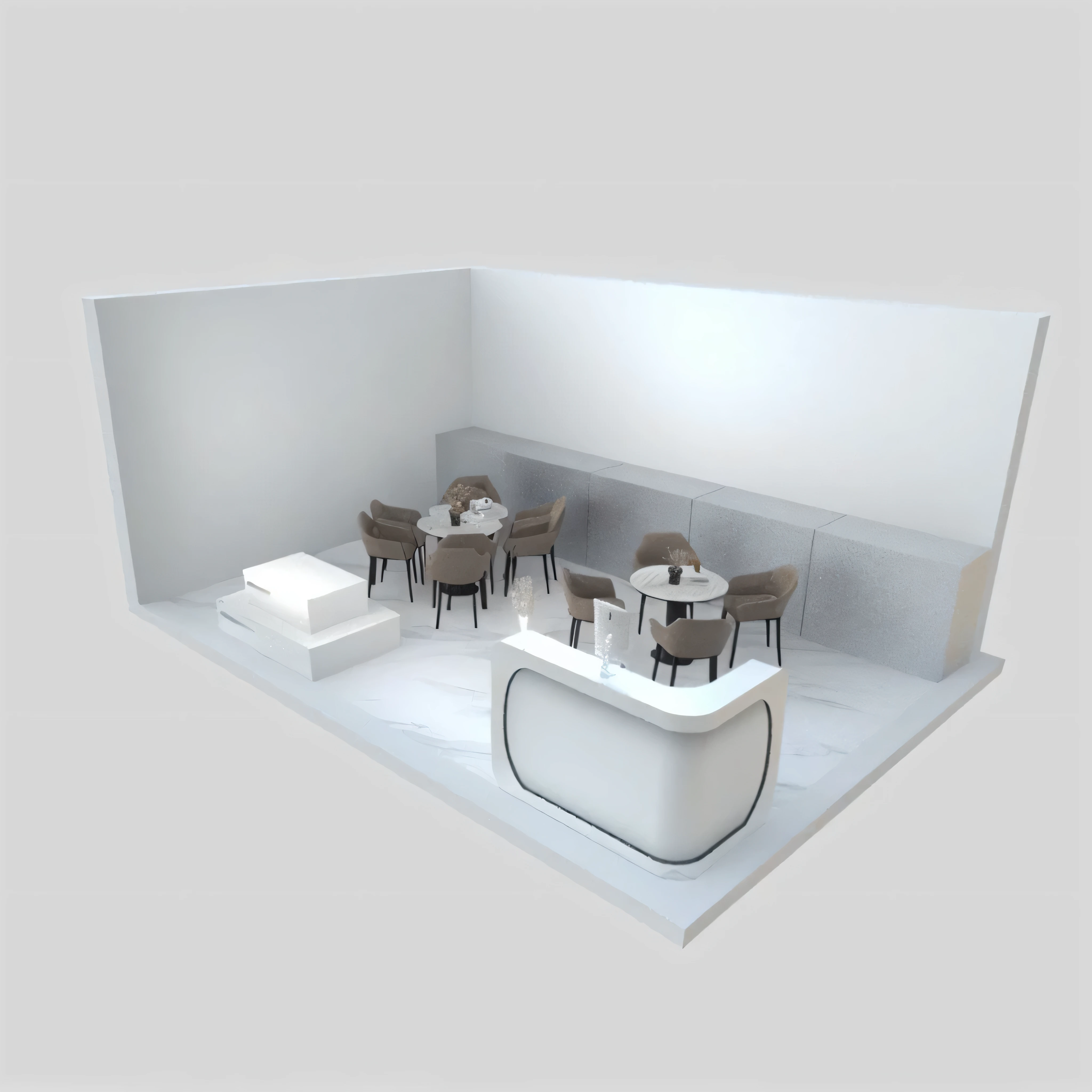 A rendering of a small white room with a table and chairs, 3D ios room photos, 3D Rendering, 3D Rendering, 3D Rendering, Bar illustration/lounge, Furniture concept photos!!, 3d concept render, 3d concept render, 3D Rendering model, Ray tracing 3D set design, 3D Rendering, 3D Rendering,Showroom,Four-person table and chairs,Corner reception desk