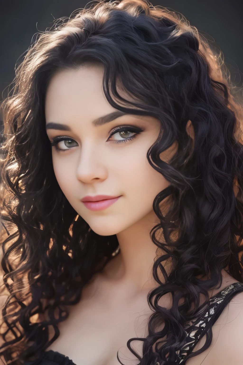 A 22-year-old girl with a face similar to Amy Lee's, (Highly detailed eyes with azure irises), (Seductive smile:1.2), (Long black curly hair:1.3), (Hyperrealistic:1.4), (Realistic detail:1.1)

Photographed in a Canon EOS R5, 85mm lens, F/1.8, NFSFW, 8K UHD wallpaper, using cinematic lighting and dramatic shadows, capturing every intricate detail of her features and captured expressions.
