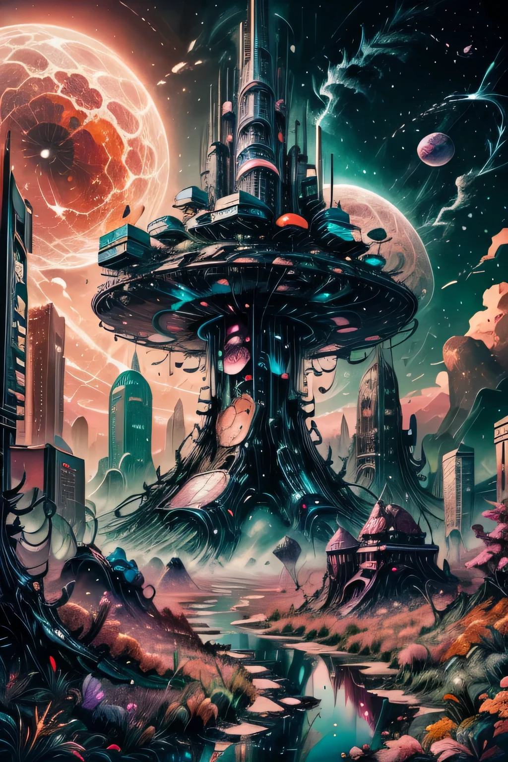 reflective, futuristic city, neon lights, bustling streets, flying cars, towering skyscrapers, floating islands, holographic advertisements, glowing pathways, advanced technology, vibrant colors, surreal atmosphere, cyberpunk aesthetic, high-contrast lighting, detailed architectural designs, deep shadows, dynamic composition, intricate details, ultra-high resolution, photorealistic rendering