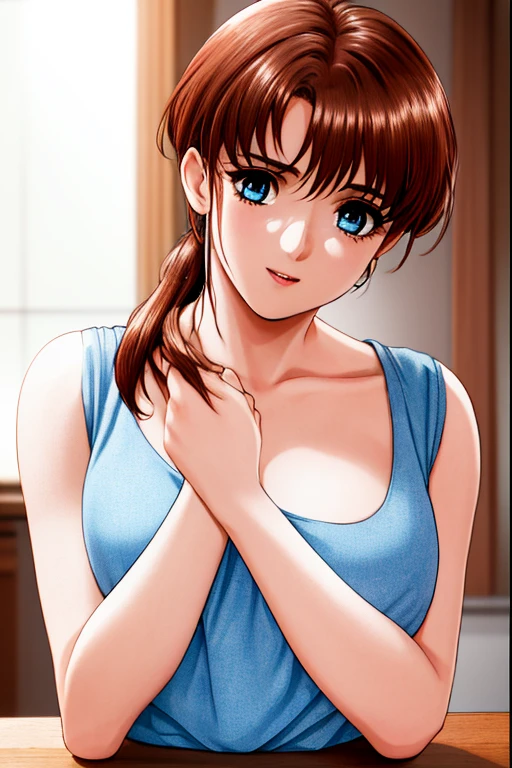 indoor, In the kitchen,
Standing on the floor,
apron, clavicle, (黄color_shirt),
bangs, Brown Hair, blue eyes,Single Blade, Orange hair ribbon, 
1 girl, 20 years,young woman,beautiful Finger,beautiful long legs,beautiful body,beautiful Nose,beautiful character design, Perfect Eyes, perfect face,Expressive eyes,
View your viewers, Center the image,(upper_body),(Focus on her face),
Official Art,Very detailed CG ユニティ 8k 壁紙, Perfect lighting,colorful, bright_front_face_Lighting,Shiny skin,
(masterpiece:1.0),(Highest_quality:1.0), 超High resolution,4K,Very detailed,
photograph, 8k, High resolution, High resolution, Absurd:1.2, Kodak Portrait 400, Film Grain, Blurred Background, Bokeh:1.2, Lens flare, (Vibrant_color:1.2)
(beautiful,chest), (beautiful_face:1.5),(narrow_Waist),