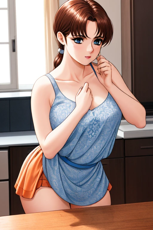 indoor, In the kitchen,
Standing on the floor,
apron, clavicle, (黄color_shirt),
bangs, Brown Hair, blue eyes,Single Blade, Orange hair ribbon, 
1 girl, 20 years,young woman,beautiful Finger,beautiful long legs,beautiful body,beautiful Nose,beautiful character design, Perfect Eyes, perfect face,Expressive eyes,
View your viewers, Center the image,(upper_body),(Focus on her face),
Official Art,Very detailed CG ユニティ 8k 壁紙, Perfect lighting,colorful, bright_front_face_Lighting,Shiny skin,
(masterpiece:1.0),(Highest_quality:1.0), 超High resolution,4K,Very detailed,
photograph, 8k, High resolution, High resolution, Absurd:1.2, Kodak Portrait 400, Film Grain, Blurred Background, Bokeh:1.2, Lens flare, (Vibrant_color:1.2)
(beautiful,chest), (beautiful_face:1.5),(narrow_Waist),