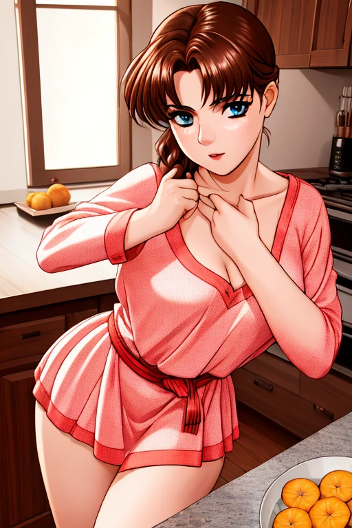 indoor, In the kitchen,
Standing on the floor,
apron, clavicle, (黄color_shirt),
bangs, Brown Hair, blue eyes,Single Blade, Orange hair ribbon, 
1 girl, 20 years,young woman,beautiful Finger,beautiful long legs,beautiful body,beautiful Nose,beautiful character design, Perfect Eyes, perfect face,Expressive eyes,
View your viewers, Center the image,(upper_body),(Focus on her face),
Official Art,Very detailed CG ユニティ 8k 壁紙, Perfect lighting,colorful, bright_front_face_Lighting,Shiny skin,
(masterpiece:1.0),(Highest_quality:1.0), 超High resolution,4K,Very detailed,
photograph, 8k, High resolution, High resolution, Absurd:1.2, Kodak Portrait 400, Film Grain, Blurred Background, Bokeh:1.2, Lens flare, (Vibrant_color:1.2)
(beautiful,chest), (beautiful_face:1.5),(narrow_Waist),