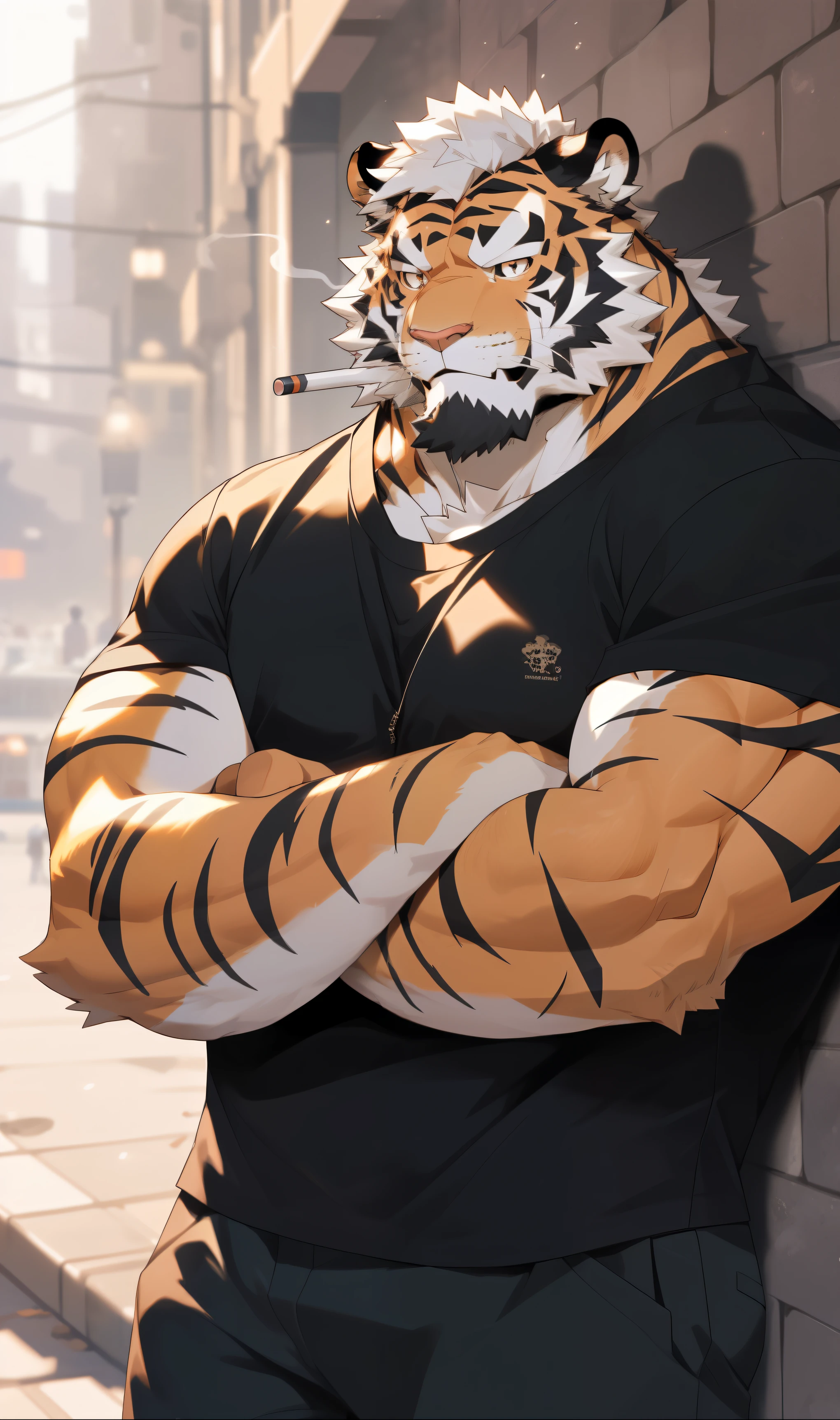 hairy，（tiger，Black short sleeve：1.3，Against the wall：1.3）beard，Golden fur，（smokes：1.3），Smirking with a cigarette in his mouth，male，Common，full-body shot，Real background，Extremely lifelike shadow，masterpiece，Very detailed，lifelike。