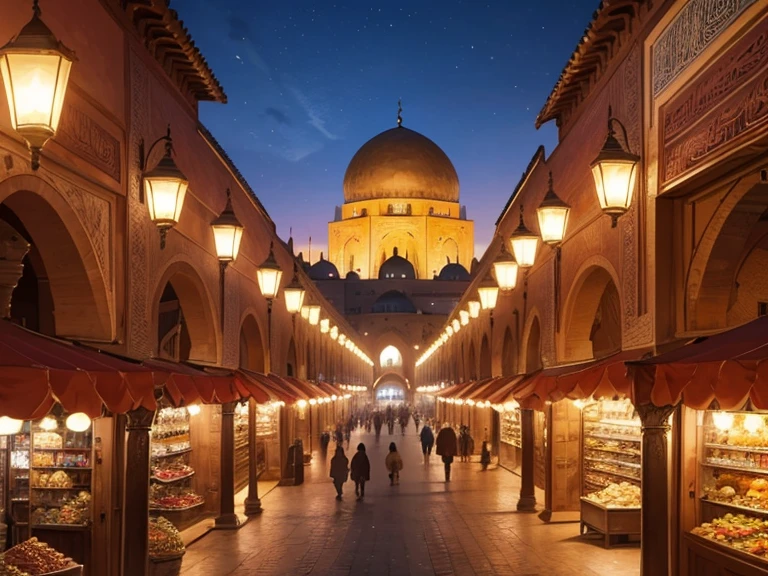 4k resolution picture, ultra realistic picture, Marrakech city, a huge mosque with dome on top, night time, entire market area in top views, shops everywhere, Moroccan architectures, top views