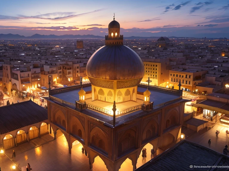 4k resolution picture, ultra realistic picture, Marrakech city, a huge mosque with dome on top, night time, entire market area in top views, shops everywhere, Moroccan architectures, top views