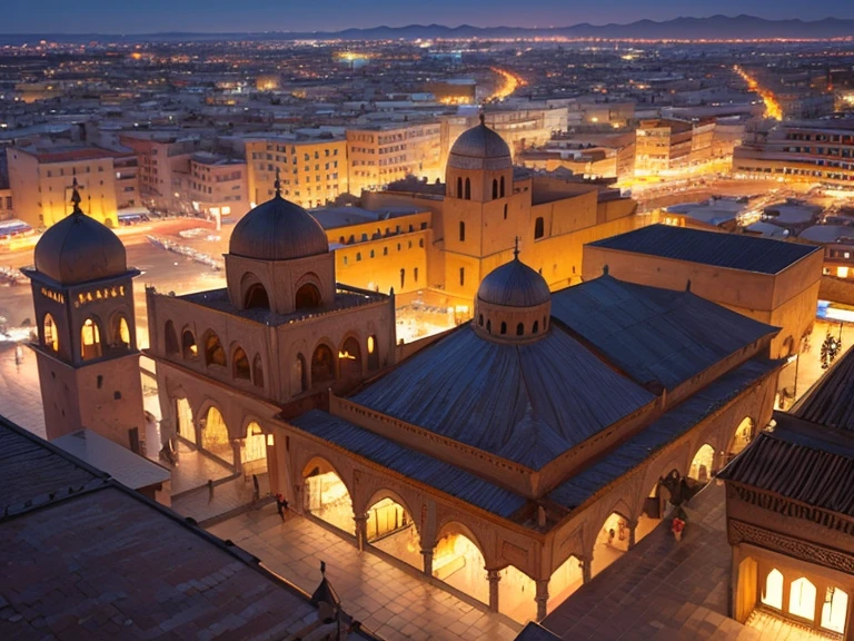 4k resolution picture, ultra realistic picture, Marrakech city, a huge mosque with dome on top, night time, entire market area in top views, shops everywhere, Moroccan architectures, top views