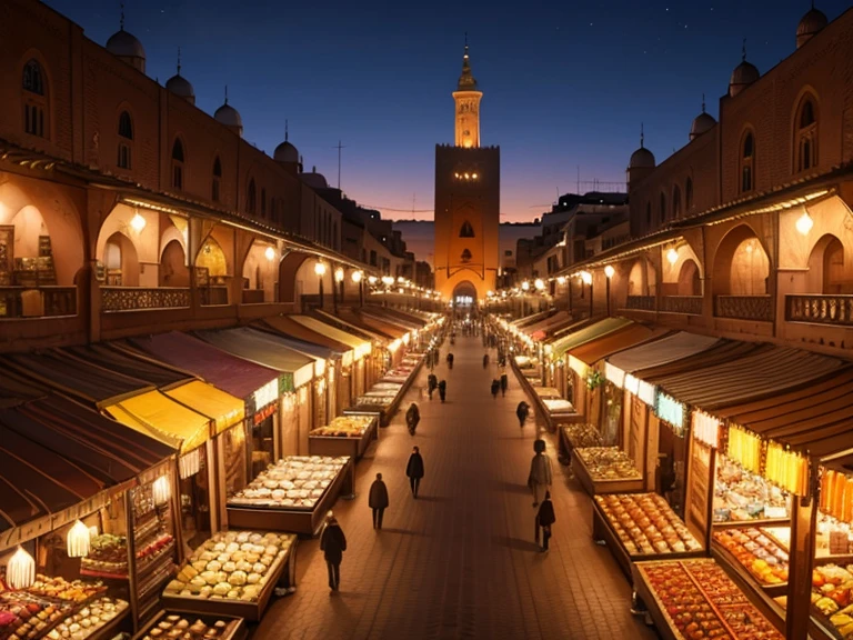 4k resolution picture, ultra realistic picture, Marrakech city, a huge mosque with dome on top, night time, entire market area in top views, shops everywhere, Moroccan architectures, top views