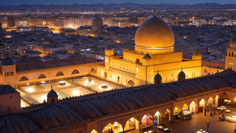 4k resolution picture, ultra realistic picture, Marrakech city, a huge mosque with dome on top, night time, entire market area in top views, shops everywhere, Moroccan architectures, top views