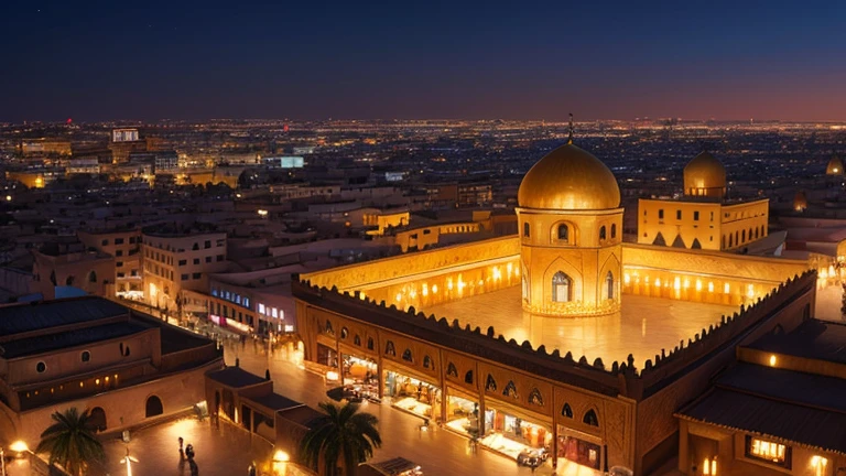4k resolution picture, ultra realistic picture, Marrakech city, a huge mosque with dome on top, night time, entire market area in top views, shops everywhere, Moroccan architectures, top views