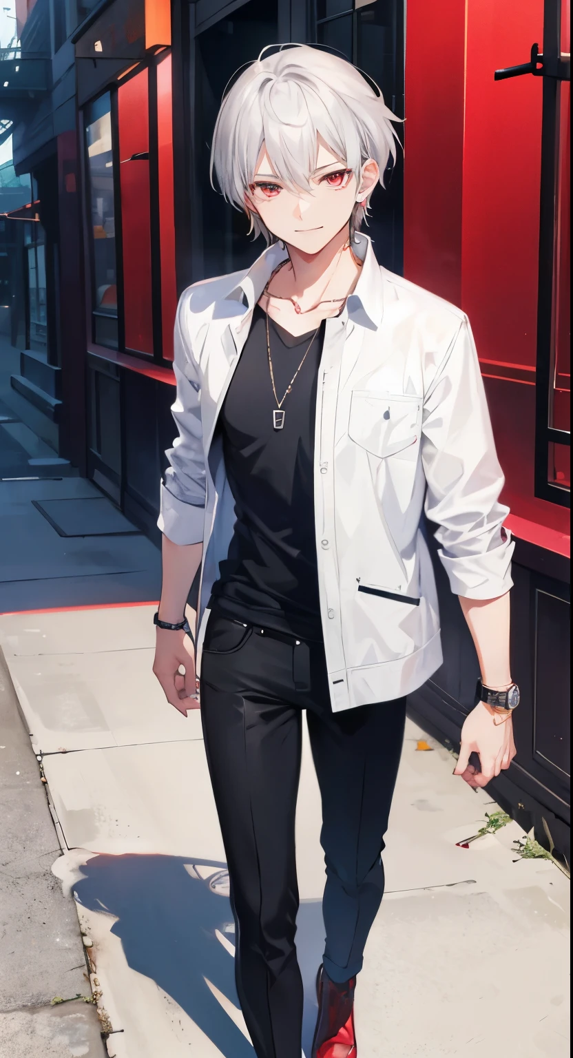 High resolution, high resolution,2D Anime Style,,Cool guy,Mature look,,20th Generation,Short Hair,Silver Hair,Red eyes,Beautiful watch,Beautiful earrings,Beautiful necklace,Dark Fashion,He is smiling a little,whole body,walking,