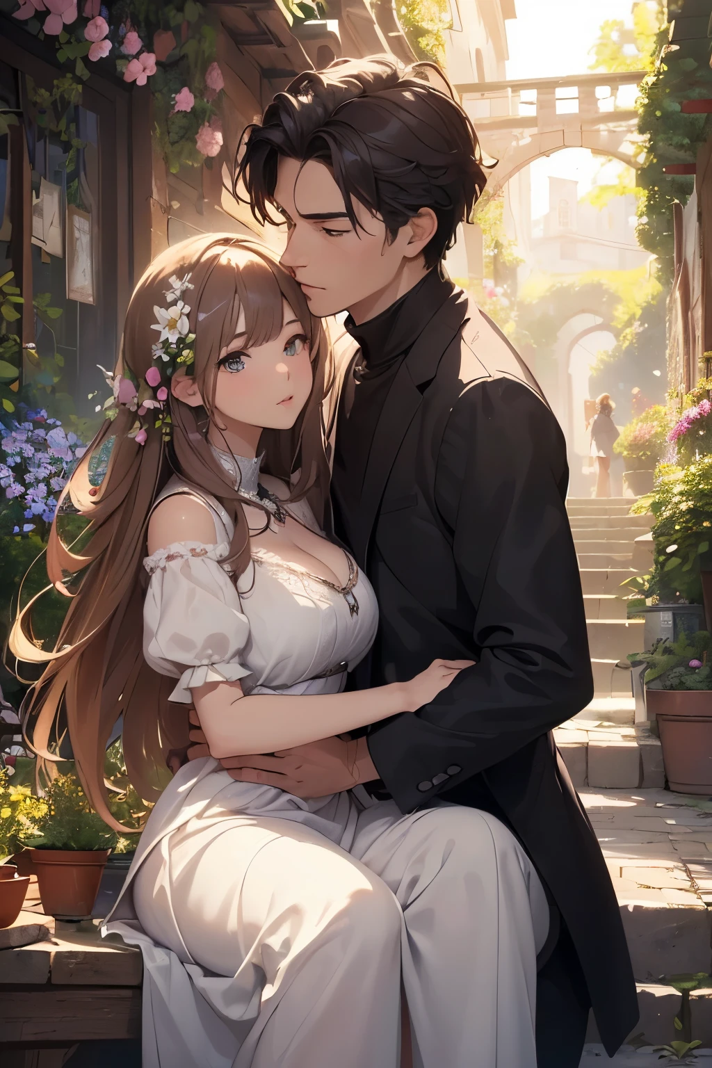 ((Best quality, 8K, masterpiece:1.3)), 2 people, man and girl sitting position, high detail of faces, drawing eyes, drawing shadows, drawing lips ,man and girl , romantic setting, mysterious garden with flowering plants, beautiful flowers, girl and man look at each other , the girl is embarrassed, the man holds the girl by the face