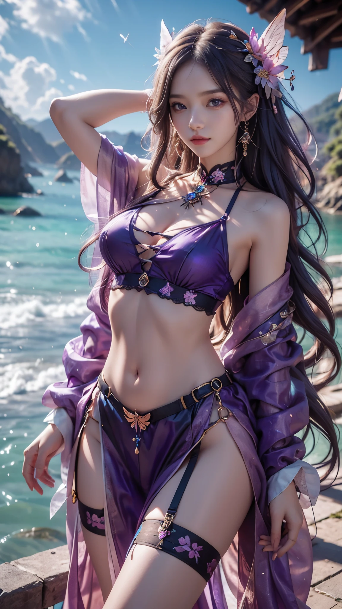 8K, ultra hd, masterpiece, hd colors, 1 girl, perfect face, very long curly hair, detailed eyes, simple clothing, ((purple clothing)), stocking, lace, sardine, straps, net clothing, loops, bare navel, jwellery, waterside, Realistic scenery, epic scenery, sun rising, evening, clouds, Butterfly, cherry blossom, blowing wind, perfect pose,