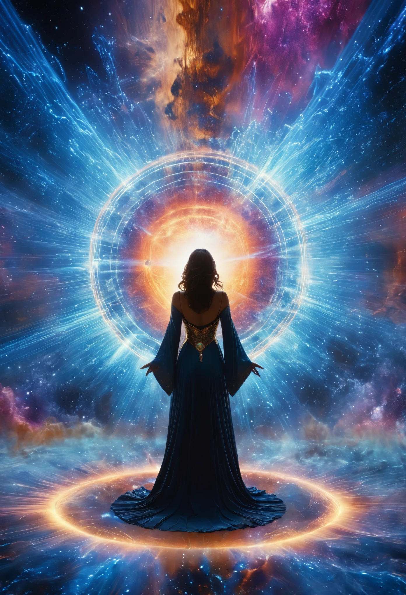 (best quality,highres,ultra-detailed,realistic:1.2),beautiful backlit sorceress,wielding the power of cosmic stars,ethereal,transcendent,cybertron surge,galactic formations,with a black hole backdrop,symmetric composition,in cosmic hues,illuminated by nebula rays permeating through interstellar dust,scattering,refraction,reflection,diffusion effect,brownian motion,in a darkened environment
