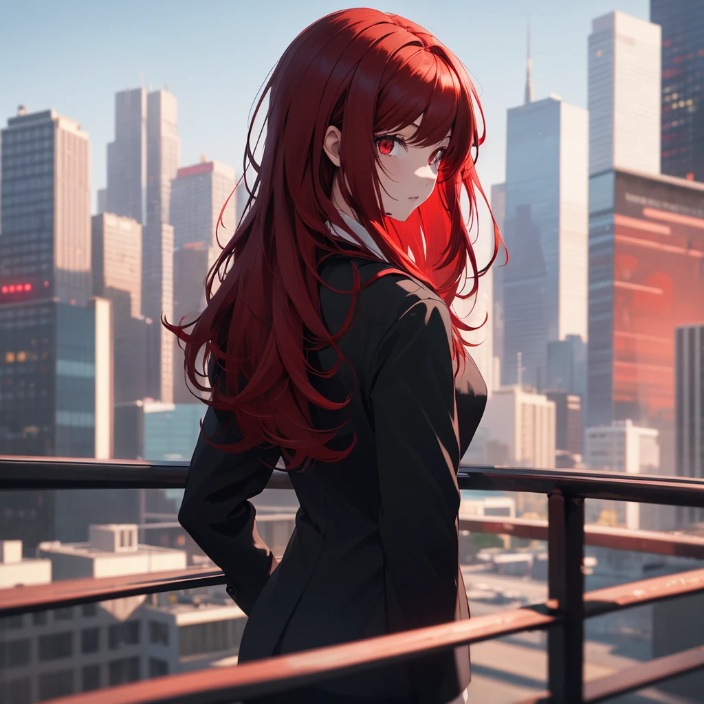 1girl, medium red hair, red eyes, wearing a black suit , city, absurdres, high res, ultrasharp, 8K, masterpiece, looking at viewer from behind