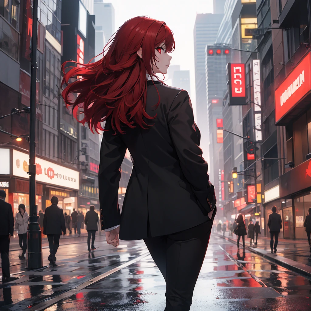 1girl, medium red hair, red eyes, wearing a black suit , city, absurdres, high res, ultrasharp, 8K, masterpiece, looking at viewer ???????????