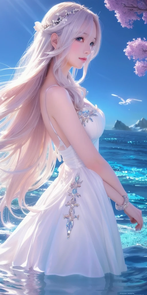 Close up portrait of woman in white dress standing in water, 8k high quality detailed art, Beautiful and attractive anime woman, Fantasy art style, Beautiful Anime Women, Beautiful digital art, Goddess of the Sea, Beautiful Anime Girls, Beautiful maiden, Beautiful Goddess, Anime Goddess, anime art wallpaper 4k, anime art wallpaper 4k, Beautiful anime artwork