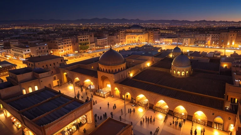 4k resolution picture, ultra realistic picture, Marrakech city, a huge mosque with dome on top, night time, entire market area in top views, shops everywhere, Moroccan architectures, top views