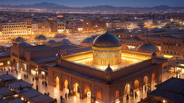 4k resolution picture, ultra realistic picture, Marrakech city, a huge mosque with dome on top, night time, entire market area in top views, shops everywhere, Moroccan architectures, top views