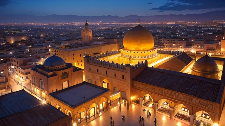 4k resolution picture, ultra realistic picture, Marrakech city, a huge mosque with dome on top, night time, entire market area in top views, shops everywhere, Moroccan architectures, top views