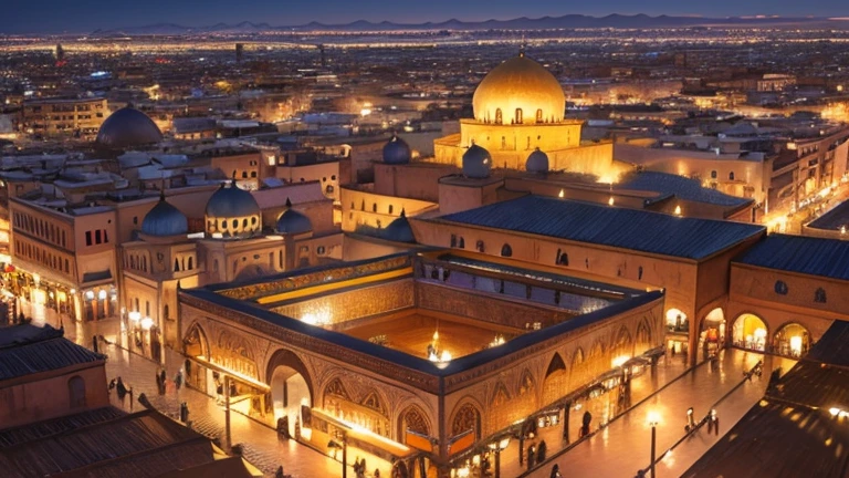 4k resolution picture, ultra realistic picture, Marrakech city, a huge mosque with dome on top, night time, entire market area in top views, shops everywhere, Moroccan architectures, top views