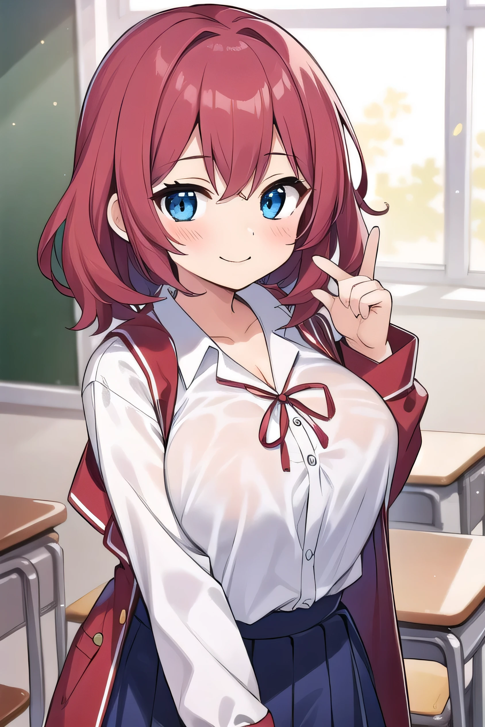 Big breasts, red hair, blue eyes, droopy eyes, red jacket, long sleeves, navy skirt, elementary school student, super big breasts, (medium hair: 1), baggy clothes, elementary school student, young face, short height, , old, shy Agari, smiling a little, trying to unbutton his shirt in the classroom, white shirt, soft hair,straight hair