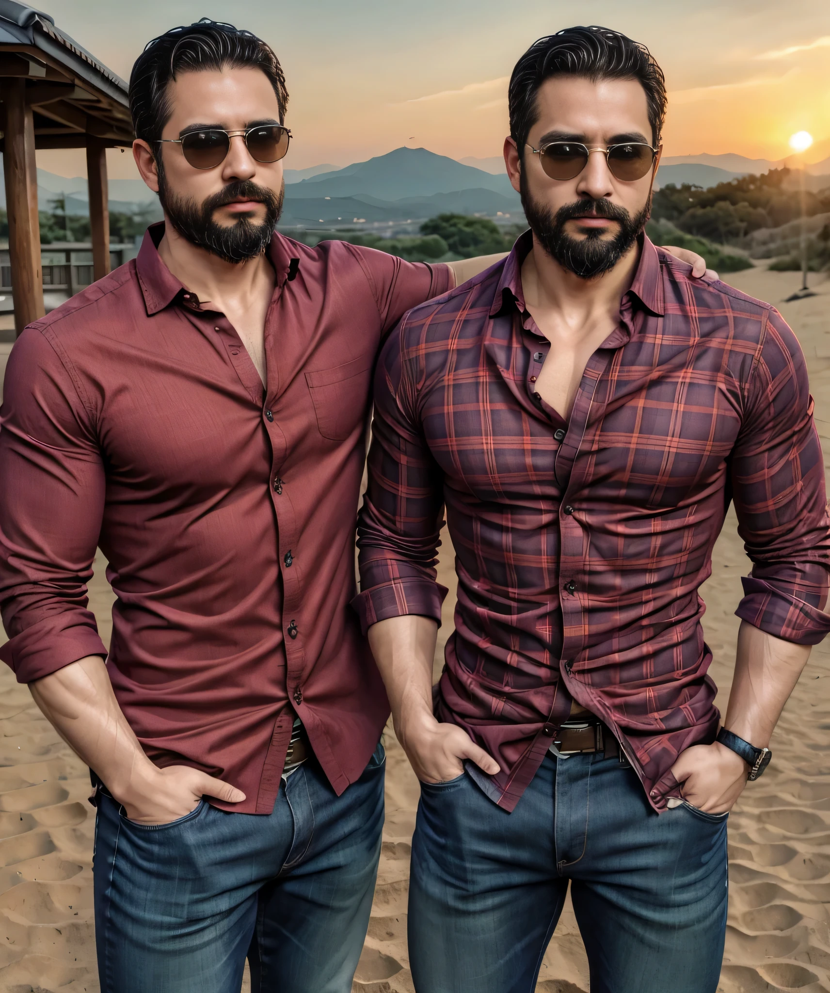 Obra maestra, desenfoque de campo, Parte superior del cuerpo, Hands in pants pockets , Two 38 year old men with beards and square sunglasses... Men dressed in a plaid shirt at an action movie in Japan with a sunset in the background.