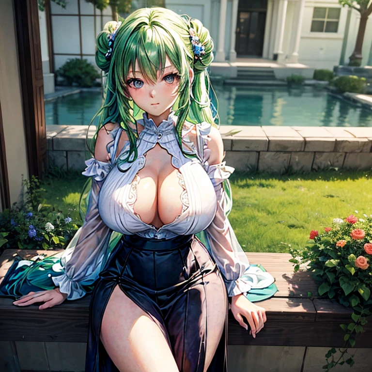 (American Planner),(Masterpiece), (High quality anime illustrations), (Highly detailed and complex), only one girl, Beautiful 26 year old girl with green hair knots, Slim build, Anime style , Lilac eyes, Encouraging, Medium-sized breasts with a good shape, Focus on the neckline: Very low cut, Long shoulder blouse with slits at the top, skirt, thighs, natural lighting, high contrast, huge breasts