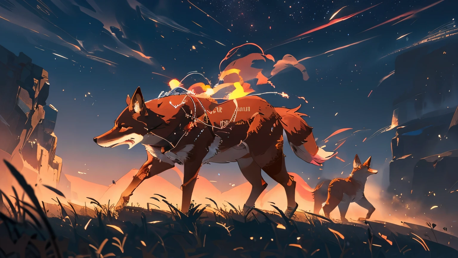 Debe ser un Coyote anime, que se vea como un jefe final de un RPG, ubicado en medio del desierto, powerful and magical because it is a magical world, el desierto es solo arena, Plus the coyote is powerful, feroz, Something small, controla el fuego y esta listo para pelear una batalla epica en medio del deiserto, ya que es feroz, tambien debe tener un pelaje rojo el Coyote y ser altamente peligroso, ya que el coyote esta sediento de sangre humano