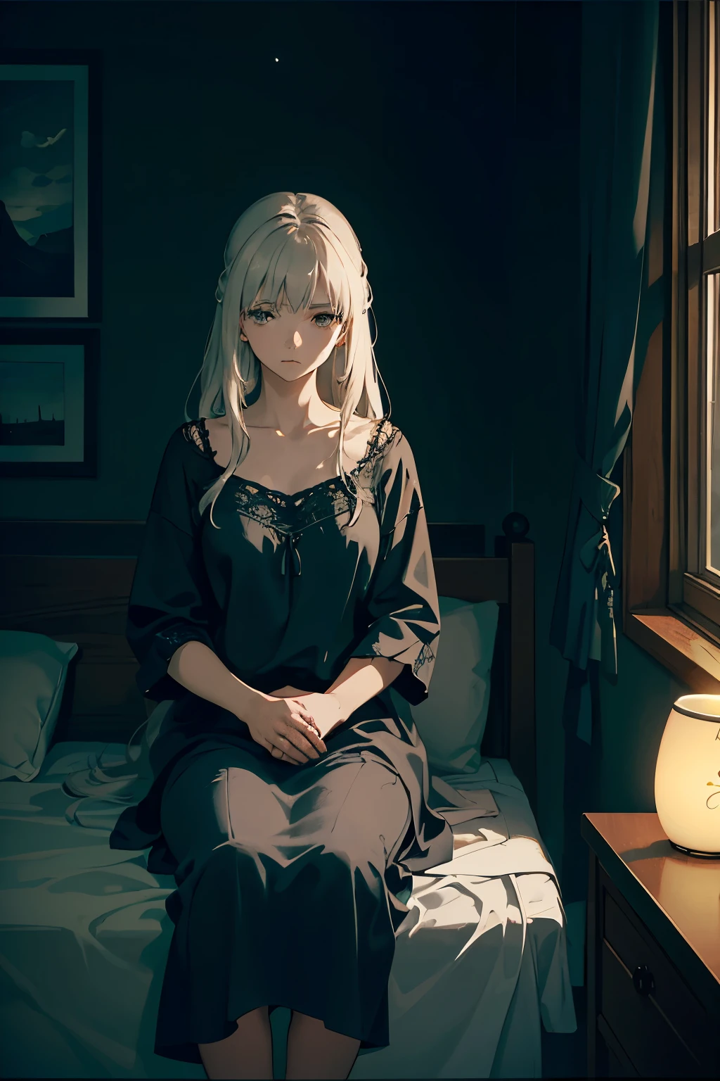 At night, a beautiful woman sits by her bed, gazing at the radiant moon through her window. Her room is bathed in the soft, silvery glow of the moonlight. A sense of melancholy envelops her as she reflects on the uncertainties of life. Memories of her hometown flood her mind, bringing with them a bittersweet longing for the comfort and familiarity of her past. The scene is rendered in ultra-detailed, realistic style, with muted tones and atmospheric lighting that emphasizes the poetic and introspective mood. The woman's expressions are intricately detailed, capturing the depth of her emotions with a gentle, open gaze