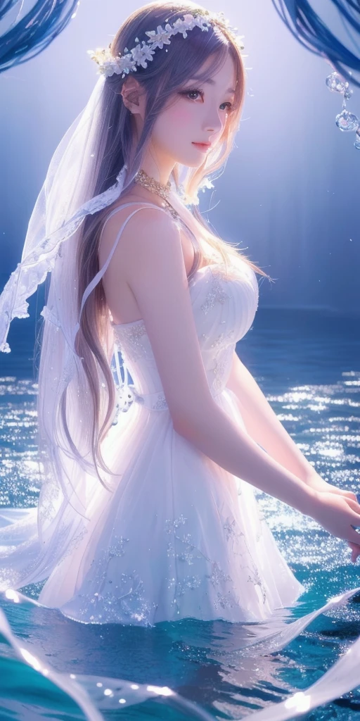 Close up portrait of woman in white dress standing in water, 8k high quality detailed art, Beautiful and attractive anime woman, Fantasy art style, Beautiful Anime Women, Beautiful digital art, Goddess of the Sea, Beautiful Anime Girls, Beautiful maiden, Beautiful Goddess, Anime Goddess, anime art wallpaper 4k, anime art wallpaper 4k, Beautiful anime artwork