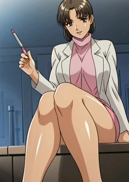 (2000's anime, anime screencap, cel shading, high resolution, clean brush stroke, highly detailed, perfect anatomy, NSFW), classroom background, disgust, nose blush, kicking, soles, standing on one leg (urination:1.3), pov (from below:1.5), full nudity (completely nude:1.5), immature body (flat chest:1.2), small pointed breasts (natural saggy tits:1.5),