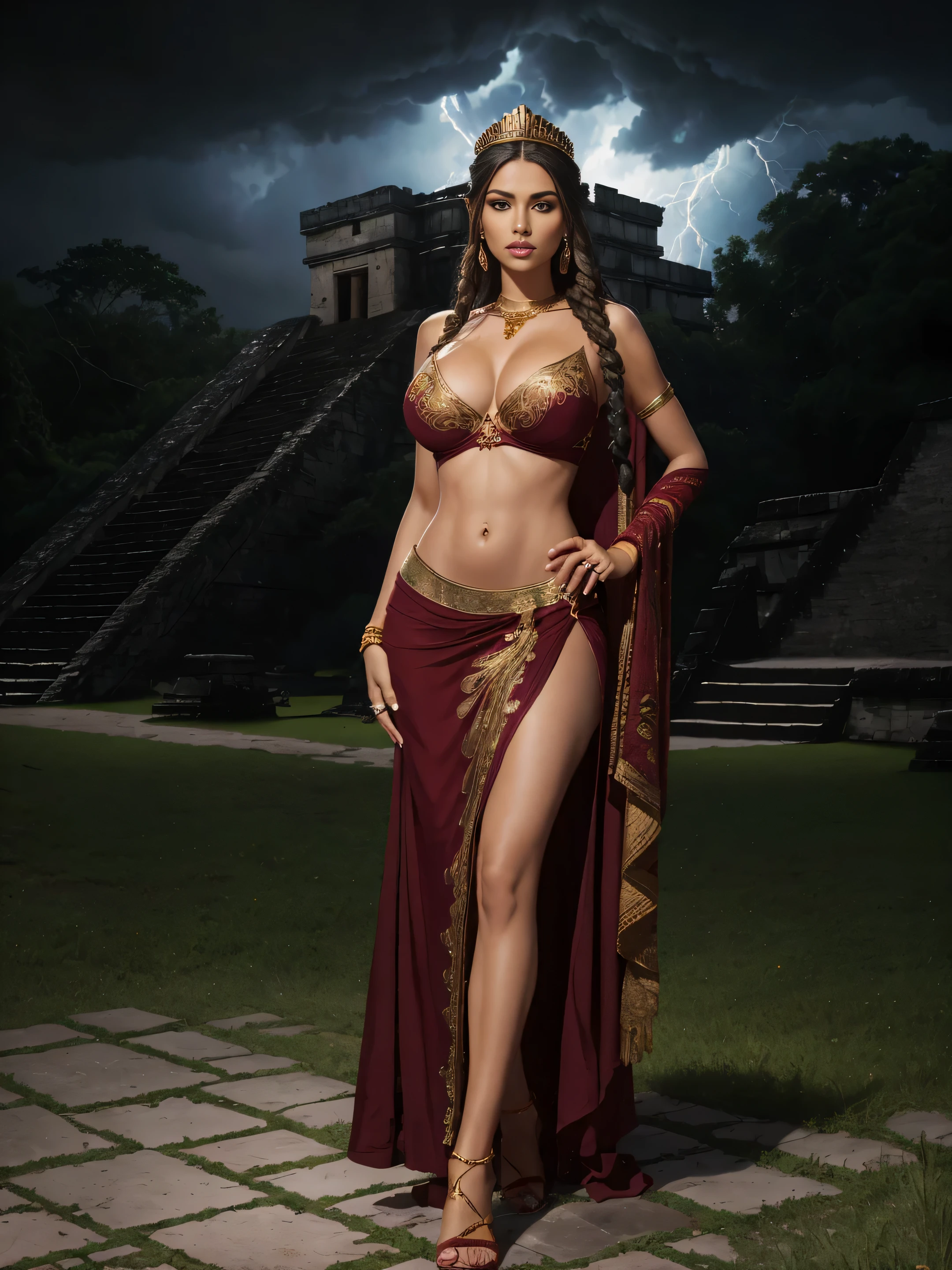 full body Beautiful, sexy, Maya is a priestess, intricate details, intricate gold jewelry, burgundy and blue two-piece dress, tiara, gold braided sandals, athletic and fit slim body, naughty, perfect hands, perfect legs, perfect breast, black eyes, long black braided hair, detailed hands, perfect eyes, detailed eyes, perfect belly, flirty, sexy, naughty, realistic, in the garden of an Mayan temple, dark gloomy night, dull colors, fog, smoke, storm, gloomy clouds, HDR, UHD, dynamic,