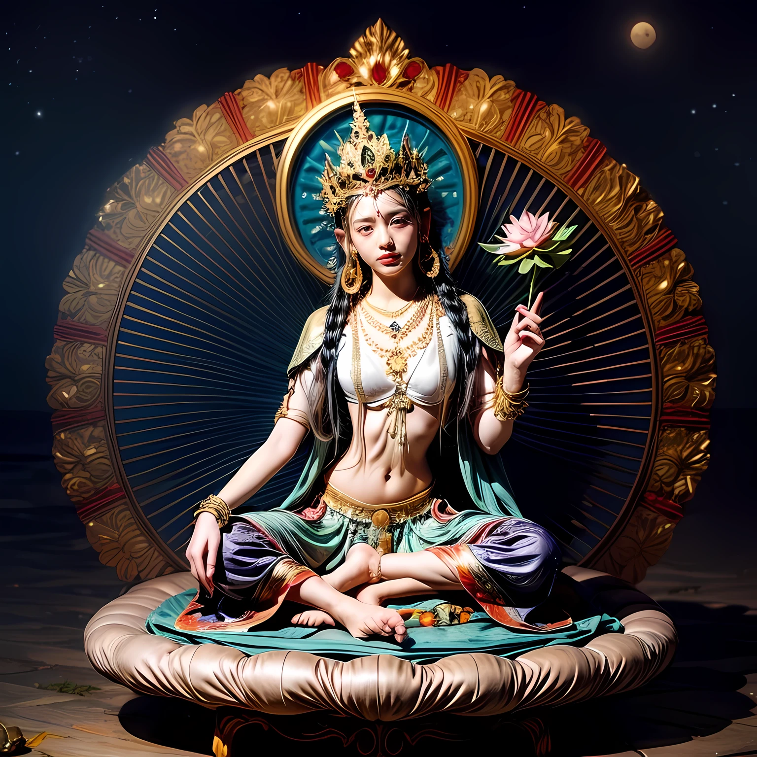 (( dumu,1girl)),ocean,stars,starry sky,rainbow,night,sun,crown,necklace,circle,sitting on lotus,(lotus),jewelry,bracelet,crescent moon,earrings,magic circle,flower,bird,