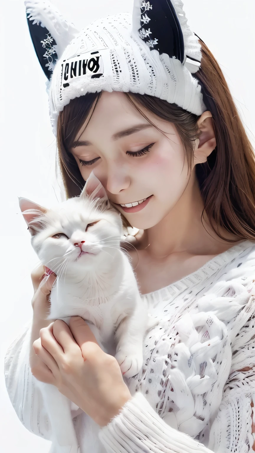 masterpiece, 4k, Bokeh, (Kawai:1.5), Beautiful girl, (Japanese idle:1.6), (Cat ear:1.3), (soft hair:1.3) , (white knit onepiece:1.6),  Blushed face, looking at the viewer, cowboy shot, (Holding beautiful white cat :1.3), (Close eyes:1.3), (white background :1.4), 
