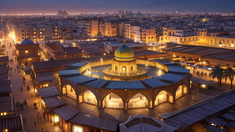 4k resolution picture, ultra realistic picture, Marrakech city, a huge mosque with dome on top, night time, entire market area in top views, shops everywhere, Moroccan architectures, top views