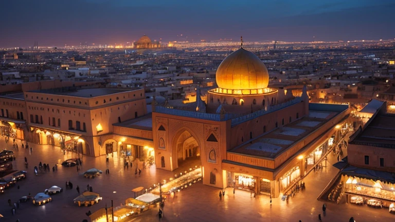 4k resolution picture, ultra realistic picture, Marrakech city, a huge mosque with dome on top, night time, entire market area in top views, shops everywhere, Moroccan architectures, top views