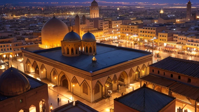 4k resolution picture, ultra realistic picture, Marrakech city, a huge mosque with dome on top, night time, entire market area in top views, shops everywhere, Moroccan architectures, top views