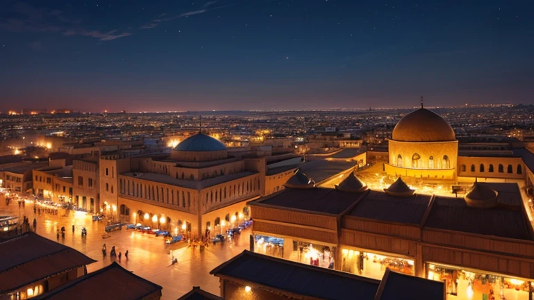 4k resolution picture, ultra realistic picture, Marrakech city, a huge mosque with dome on top, night time, entire market area in top views, shops everywhere, Moroccan architectures, top views