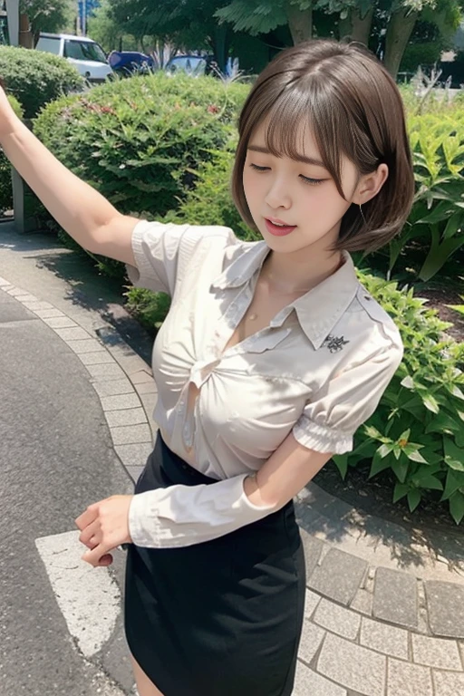 School, classroom, girl crucified on blackboard, arms spread horizontally, Christ pose, (remote_play), (remote_tremble), olchan-6500-v1.1, Pyros face_v1, Best quality, Masterpiece, Shape, (Realistic, Photo realistic:1.37), Amazing, Detailed, Change settings Absurd, Large file size, Highly detailed, High resolution, Highly detailed CG Unity 8k wallpaper, Ray tracing, Browsing caution, 1 woman, Japanese, 19-year-old girl, (Dark blonde medium wave hairstyle over one eye. Bangs slicked back:1.3), (Slender body),(OL, Secretary, White collared shirt, Micro mini skirt),(Blushing:1.4),(Cleavage), Eyes closed, Witness an individual overwhelmed by the intense stimulation caused by a powerful vibrating device. A jolt of pleasure or surprise causes her to instinctively twist, her body responding to the electrical vibrations, her eyes closed and mouth open, her expression a mixture of joy and sadness, surprise, and a hint of vulnerability. The energy of the scene is palpable, and the viewer is invited to share in the thrilling experience on this theme, red collar, slavery, shackles