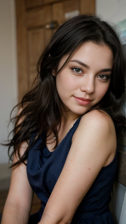 22 year old girl, rostro similar al de Amy Lee, ojos azules, sonrisa, cabello negro, cuerpo completo, vestido corto , hiperrealista.