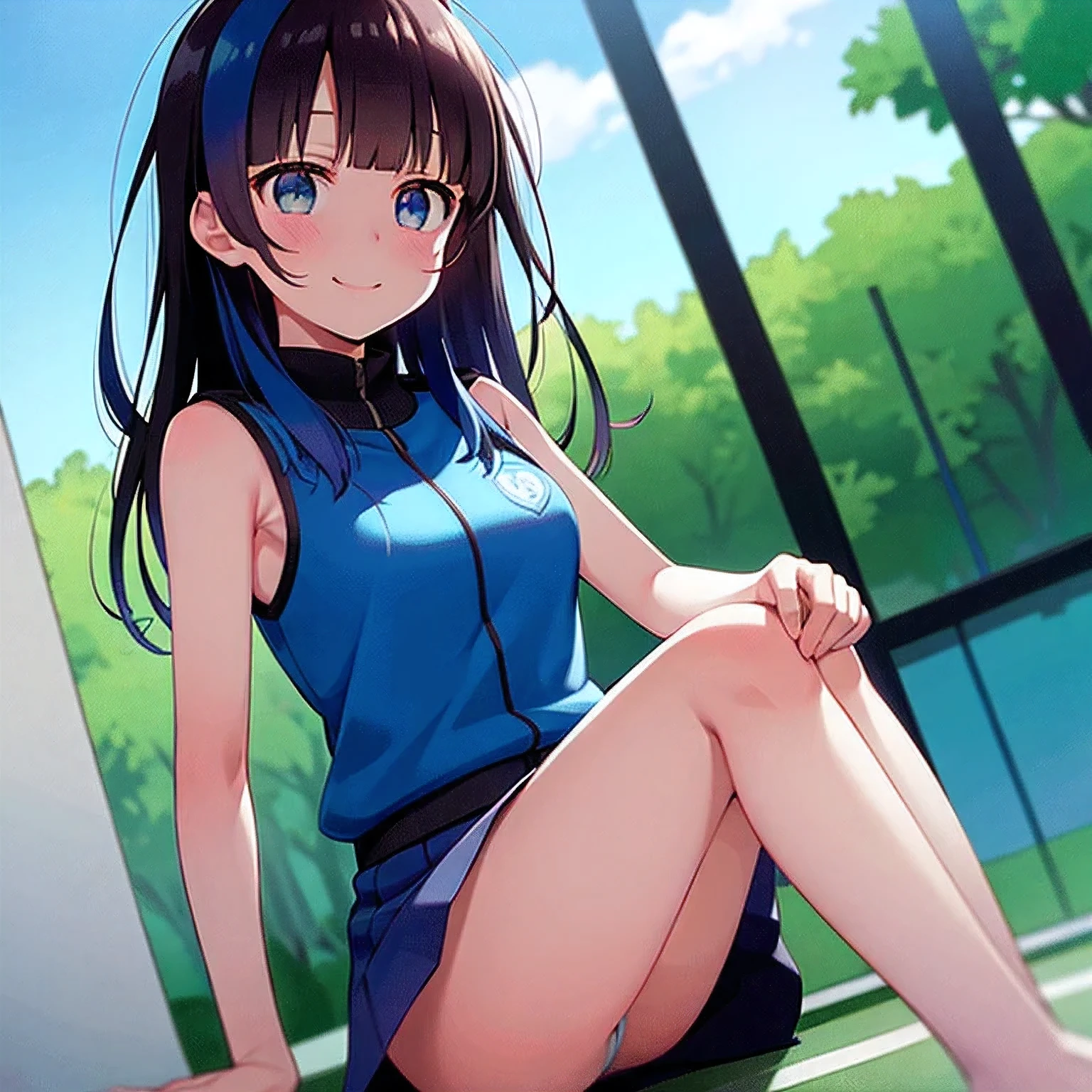 daytime, sunlight, solo, 8K resolution, blue hair, blue eyes, glowing eyes, white short skirt, pleated skirt, Blush, tennis court, sleeveless shirt, sunlight, Wet from the rain, seethrough, Sit with 2 knees up, pussy, smile, the skirt is lifted up, highest quality, High resolution, highly detailed face, perfect lighting, (perfect hands, perfect anatomy), mini yaemori, perfect figure, in love expression, armpit, view from below, 