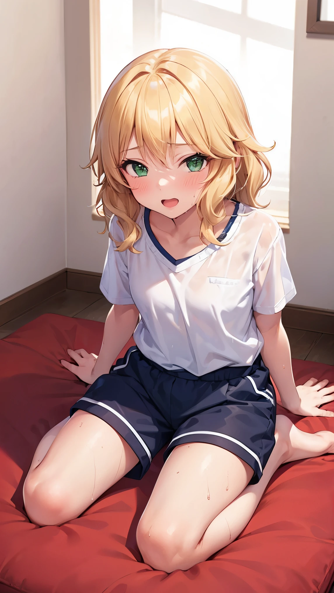 (Tabletop, Highest quality, Super detailed), One Girl, Purple eyes, Blonde Hair, Dark Skin, Short Hair、Perm Hair、((loose socks))、(Bedroom)、(Knee-high socks)