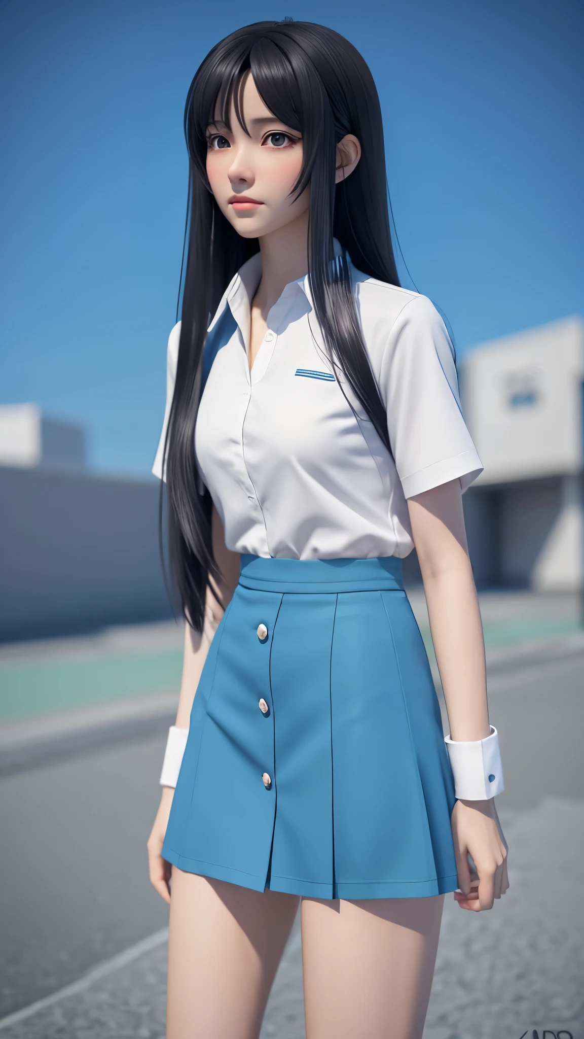 high quality, 4K, In frame, Close-up portrait of a dark-haired woman in a white shirt and light blue skirt, Photorealistic anime girl rendering, Cute 3D Anime Girl Rendering, April Rendering, Anime VTuber Full Body Model, Full Body Shanxia, live2d Virtual YouTuber Model, Smooth anime CG art, Realistic portrait full body realistic anime 3D style, photorealistic full body