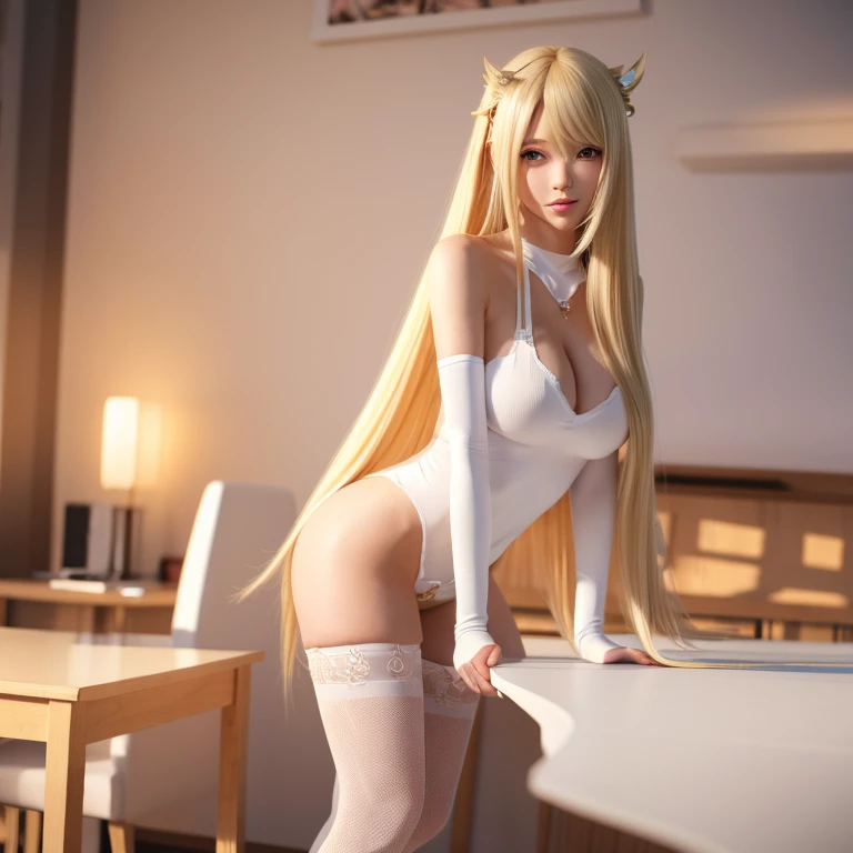 anime girl with long blonde hair sitting on a table, seductive anime girl, beautiful alluring anime woman, fully clothed. painting of sexy, blonde anime girl with long hair, blonde goddess, commission for high res, anime barbie in white stockings, 8k high quality detailed art, beautiful anime girl squatting, [ 4 k digital art ]!!, realistic shaded perfect body