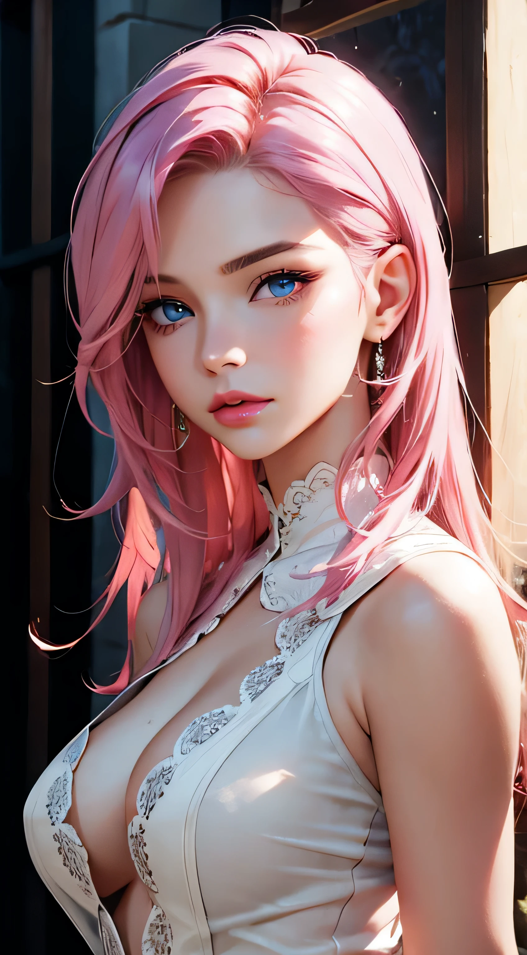 best quality, ultra high res, (photorealistic:1.4), (detailed beautiful girl:1.4), (medium breasts:0.8), looking_at_viewer, Detailed facial details, beautiful detailed eyes,pink hair, blue eyes, slender, haunting smile, (makeup:0.3), red lips, highly detailed clothes, (ulzzang-6500-v1.1:0.3)