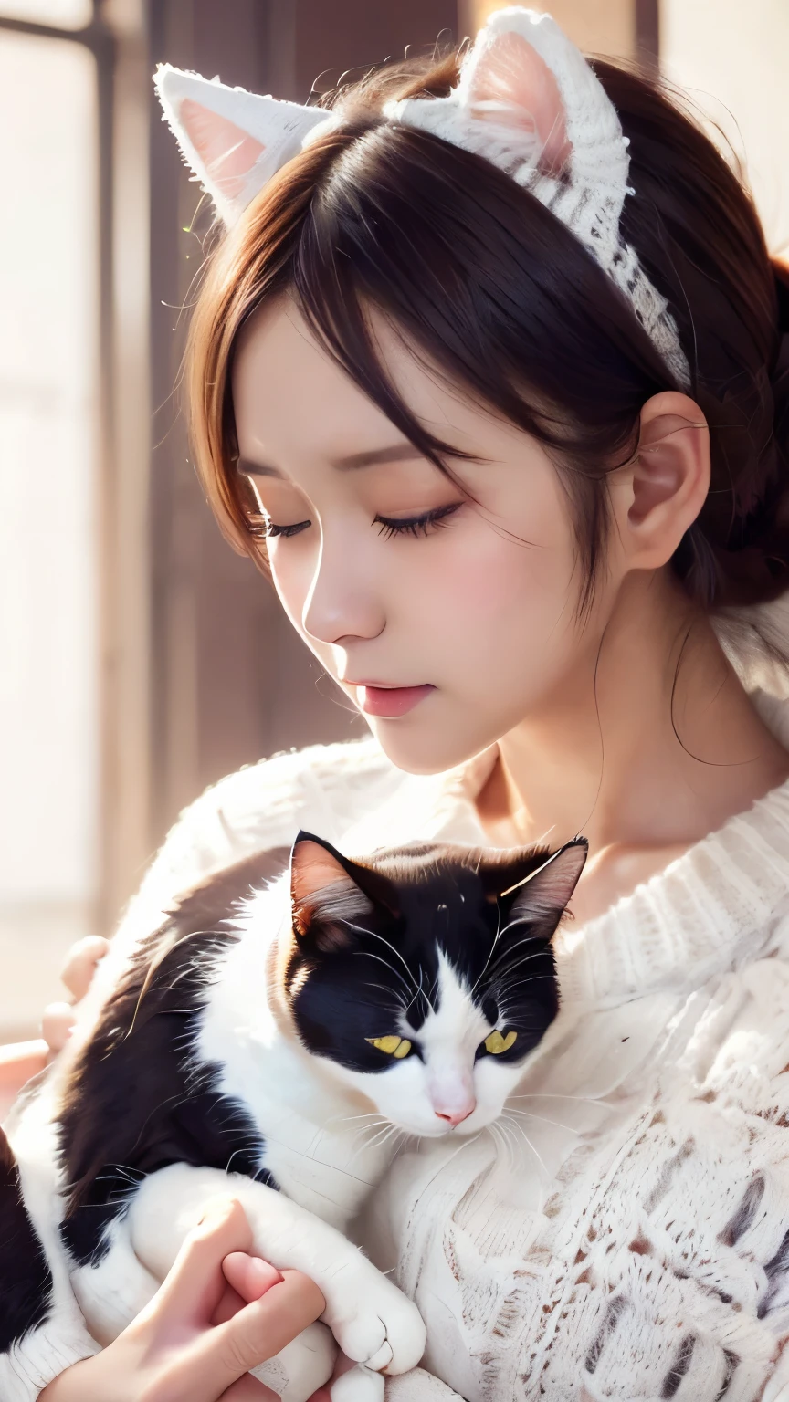 masterpiece, 4k, Bokeh, (Kawaii:1.5), (Beautiful girl:1.3), (Japanese idle:1.6), (Cat ear:1.3), (soft hair:1.3) , (white knit onepiece:1.6), Blushed face, looking at the viewer, cowboy shot, (Holding beautiful white cat :1.3), (Close eyes:1.3), (white background :1.4),