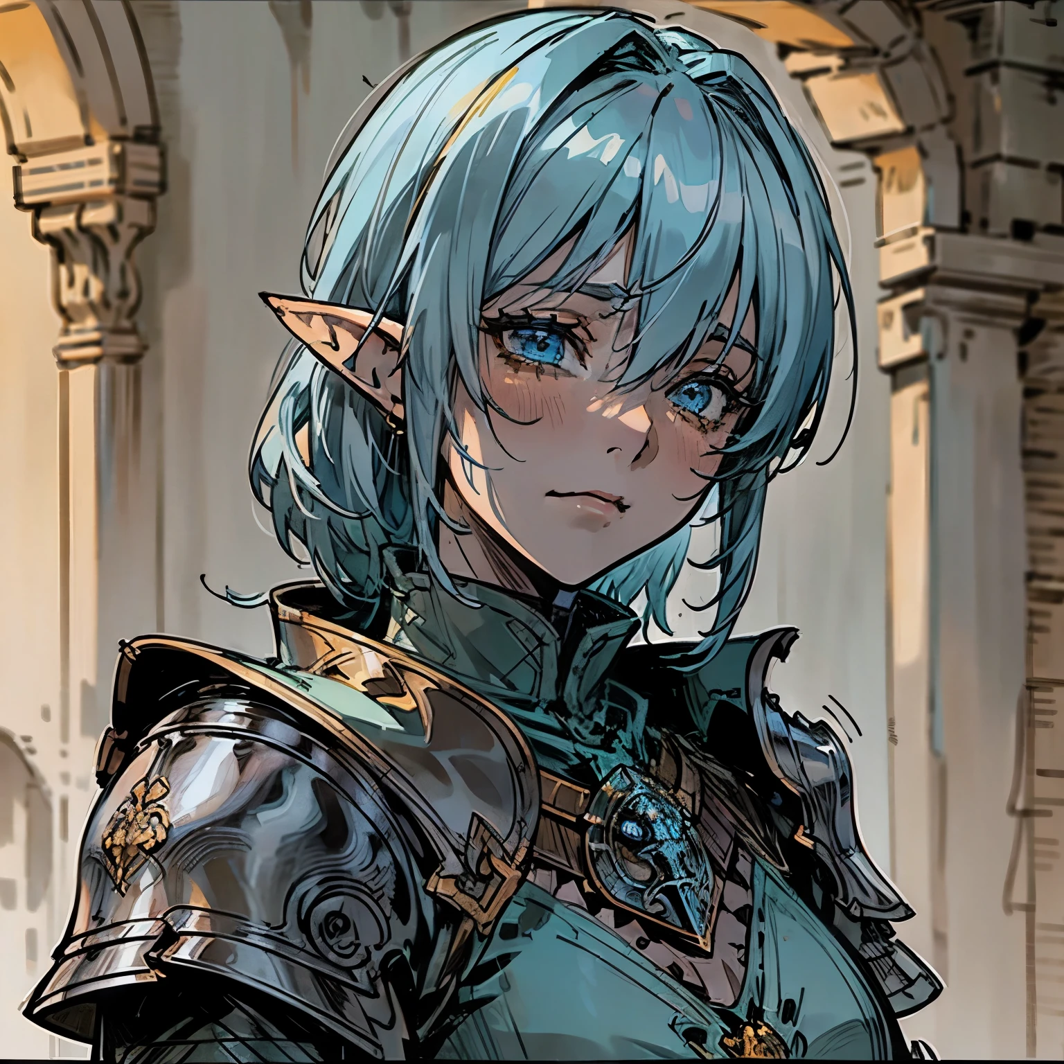 [Masterpiece, beautiful lighting, close up] Sitting next to you in tavern, Cleddyf the elfin knight ,Strong Female elf knight, wearing metal plate armor , short light blue hair, short, neutral look, blank smile, emotionless[Face close up, detailed face, attention to face, realistic anime], dark fantasy, medieval fantasy