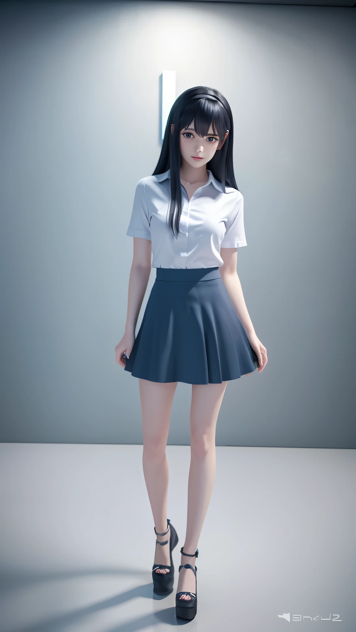 high quality, 4K, In frame, Close-up portrait of a dark-haired woman in a white shirt and light blue skirt, Photorealistic anime girl rendering, Cute 3D Anime Girl Rendering, April Rendering, Anime VTuber Full Body Model, Full Body Shanxia, live2d Virtual YouTuber Model, Smooth anime CG art, Realistic portrait full body realistic anime 3D style, photorealistic full body  