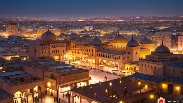 4k resolution picture, ultra realistic picture, Marrakech city, a huge mosque with dome on top, night time, entire market area in top views, shops everywhere, Moroccan architectures, top views