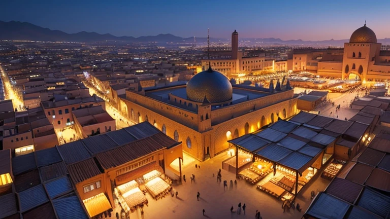 4k resolution picture, ultra realistic picture, Marrakech city, a huge mosque with dome on top, night time, entire market area in top views, shops everywhere, Moroccan architectures, top views